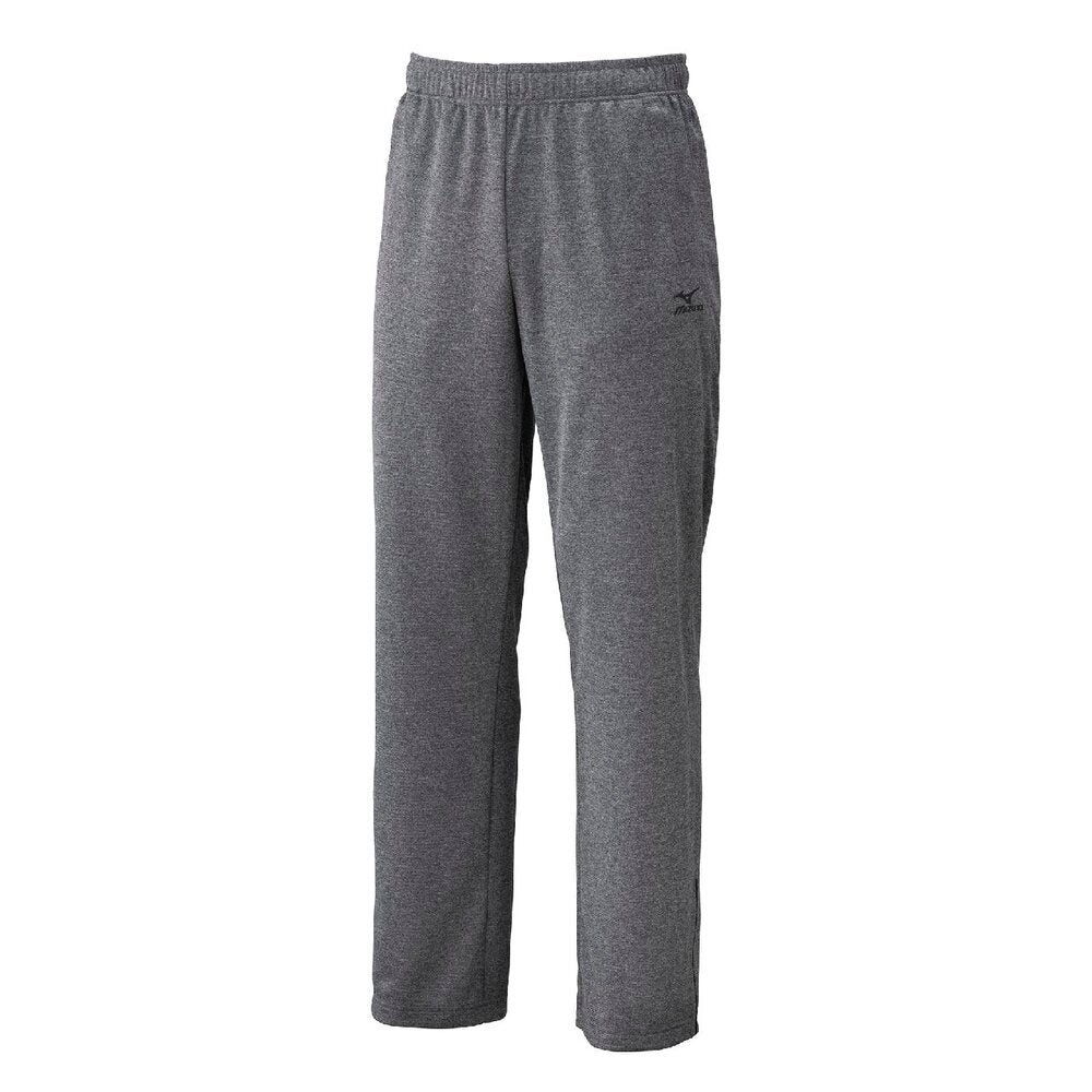 A pair of heather gray athletic sweatpants with an elastic waistband and a small black Mizuno logo on the left thigh.